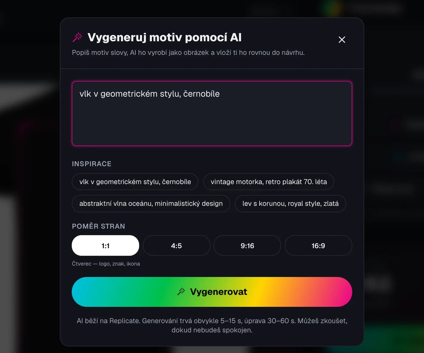 Okno Vygeneruj motiv pomocí AI nad editorem: zadání vlk v geometrickém stylu, černobíle, inspirace, poměr stran a duhové tlačítko Vygenerovat