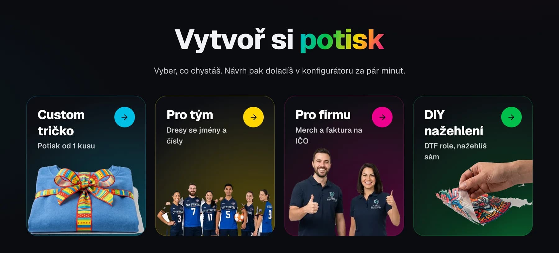 Stránka Vytvoř si potisk: čtyři karty Custom tričko, Pro tým, Pro firmu a DIY nažehlení, každá s vlastní barvou a fotkou