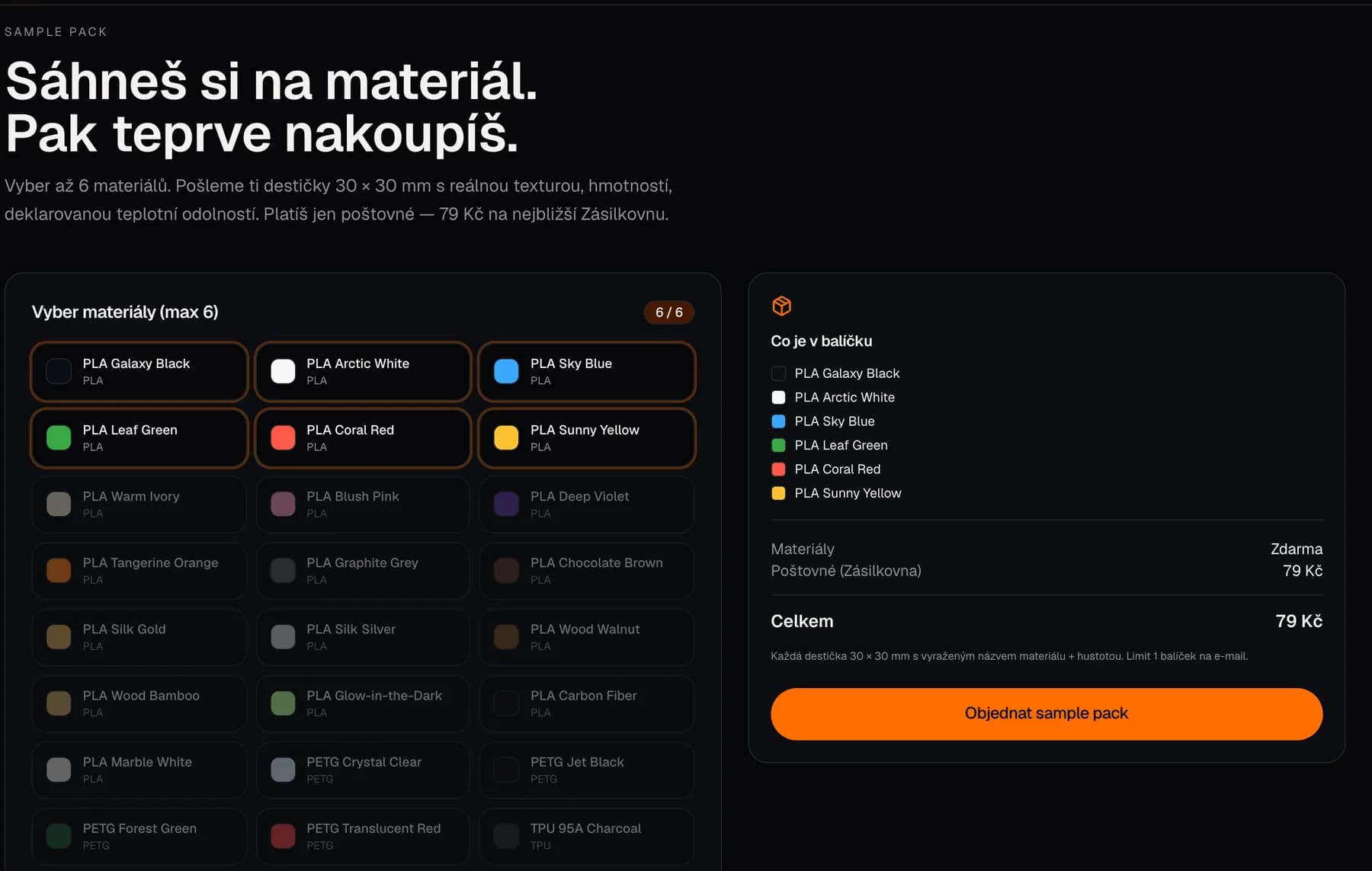 Stránka Sáhneš si na materiál: mřížka materiálů, z nichž je šest vybraných, a vpravo obsah balíčku vzorků za 79 Kč s tlačítkem Objednat sample pack