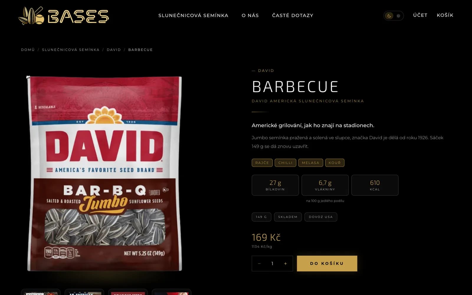 Detail produktu DAVID Barbecue: velký sáček vlevo, vpravo popis, štítky chuti, nutriční hodnoty na 100 g, cena 169 Kč a tlačítko Do košíku