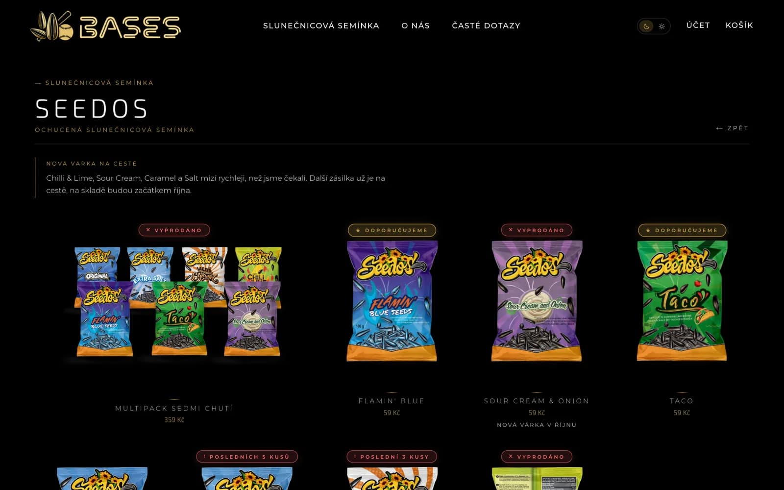 Kategorie Seedos: multipack sedmi příchutí a sáčky Flamin' Blue, Sour Cream and Onion a Taco se štítky Doporučujeme a Vyprodáno, nahoře oznámení o nové várce