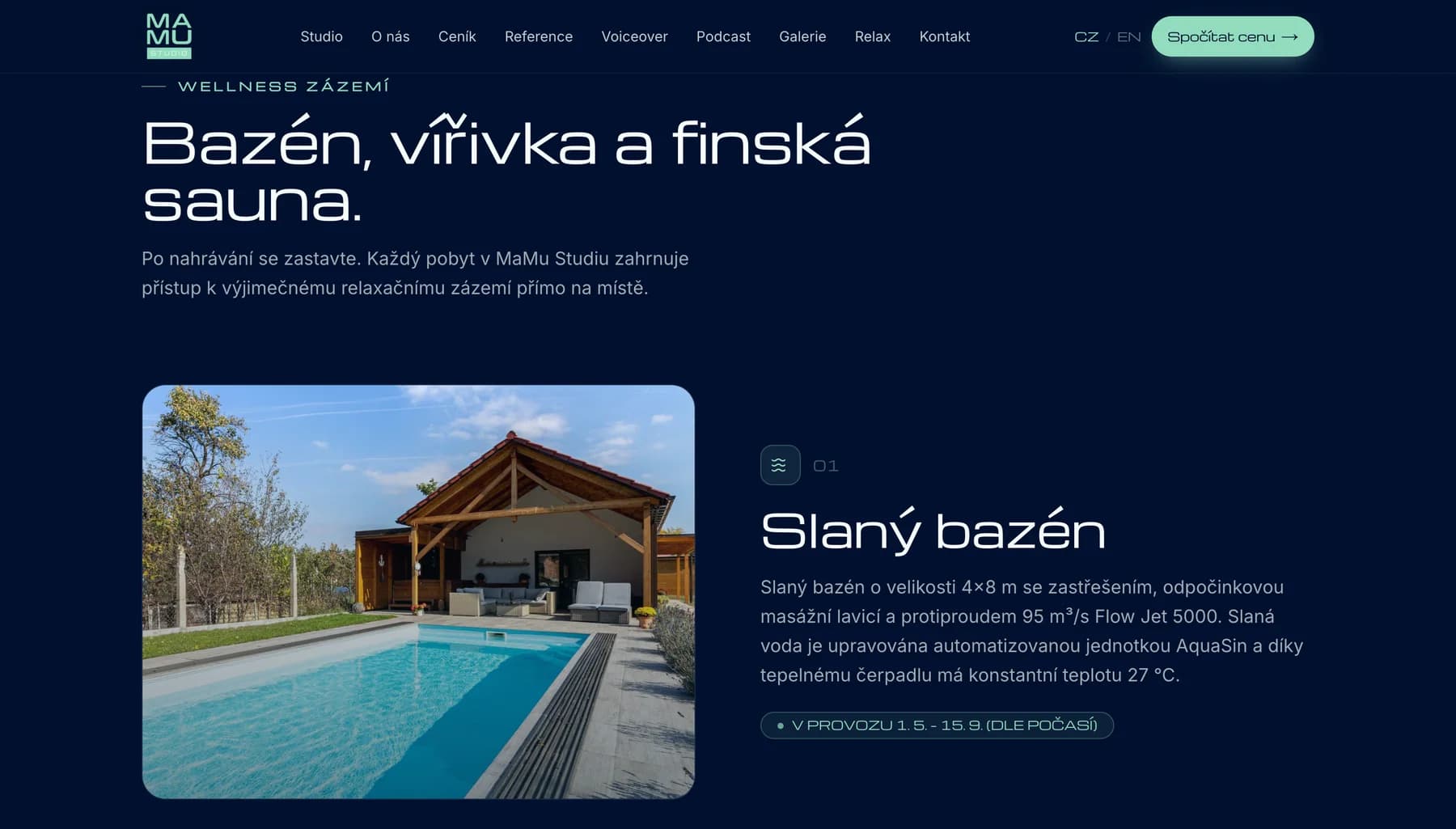 Sekce Bazén, vířivka a finská sauna: fotka slaného bazénu 4 × 8 m se zastřešením a vpravo jeho parametry a sezóna provozu