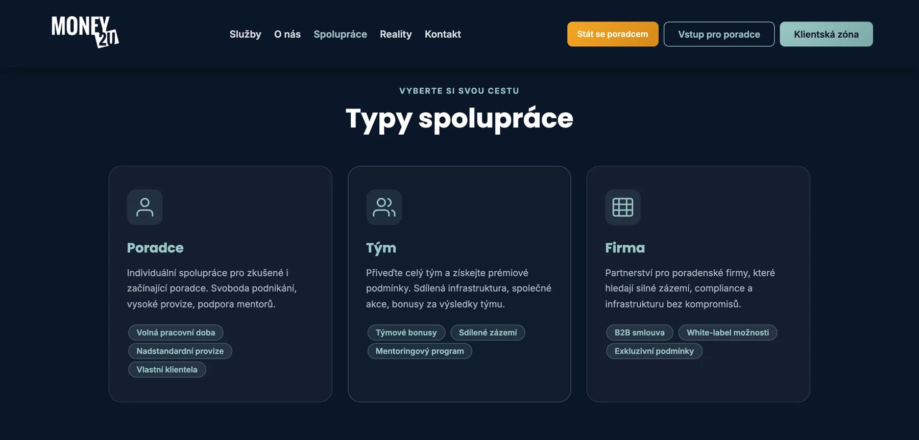 Tmavá sekce Typy spolupráce se třemi kartami Poradce, Tým a Firma, každá se štítky podmínek