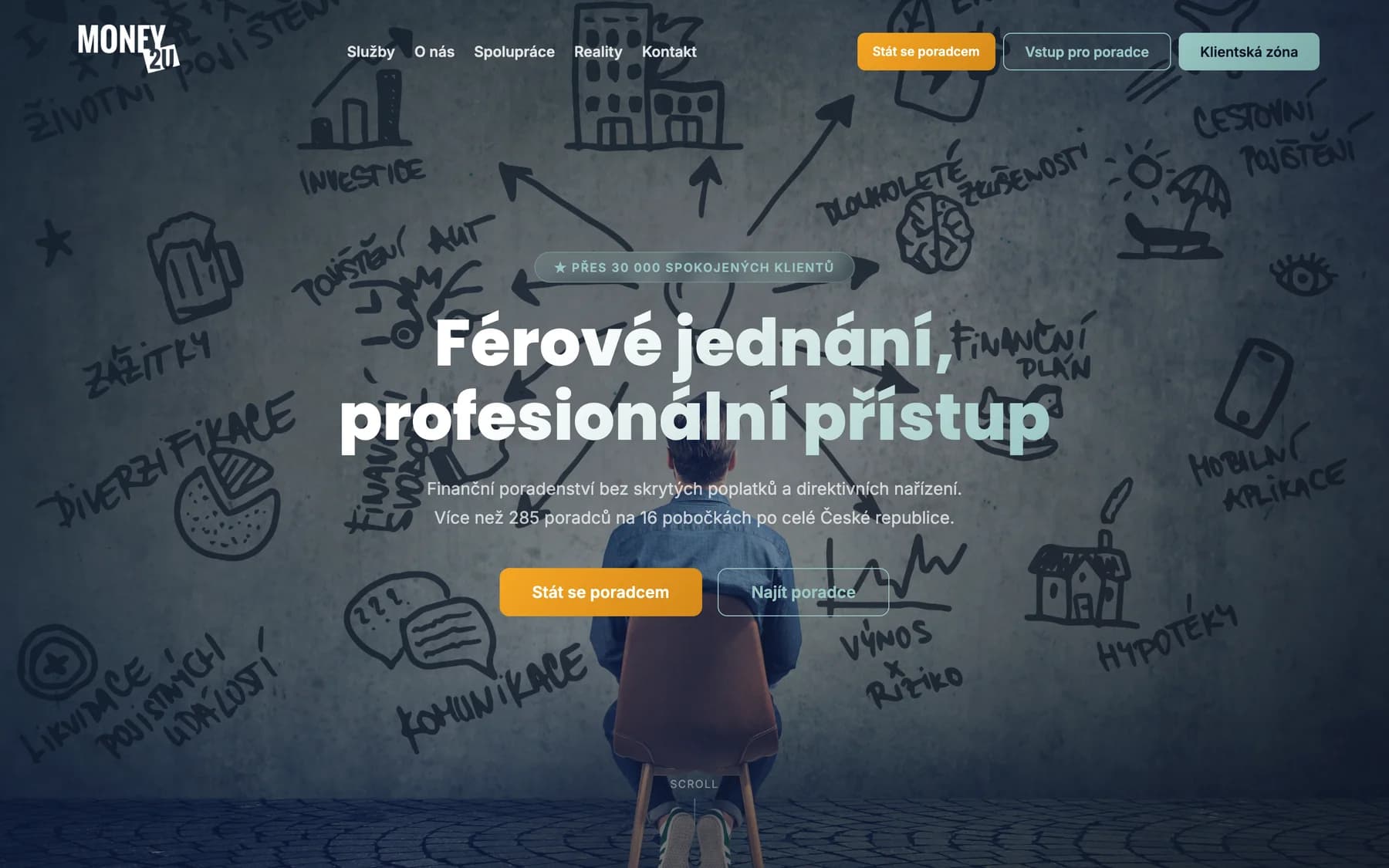 Úvod money2u.cz: kresba finančních pojmů na zdi za sedící postavou, nadpis Férové jednání, profesionální přístup a tlačítka Stát se poradcem a Najít poradce