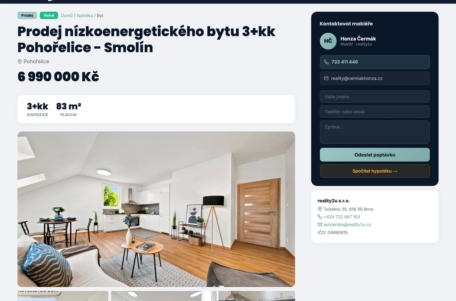 Detail inzerátu Prodej nízkoenergetického bytu 3+kk Pohořelice, Smolín za 6 990 000 Kč: dispozice, plocha, velká fotka a vpravo karta makléře s telefonem, e-mailem a formulářem